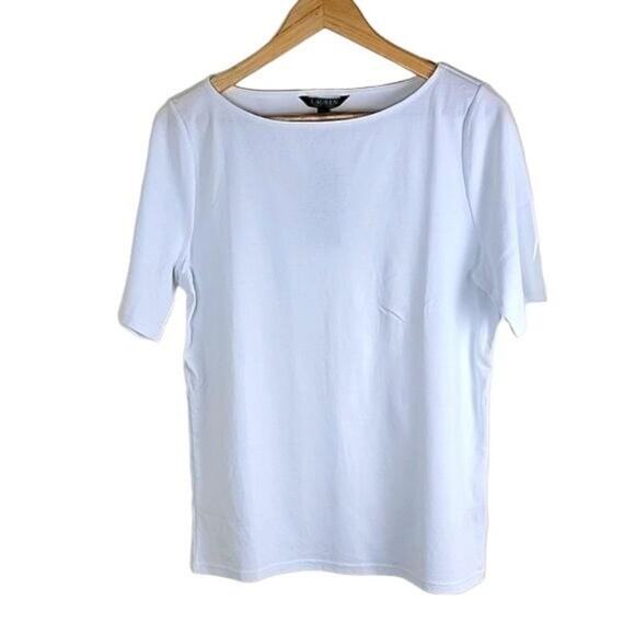 LAUREN Ralph Lauren Womens Boat Neck Cotton Top size XL White Short Sleeve - Picture 2 of 8